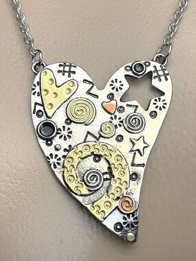 NWT -Stainless Steel Necklace -Mixed Metal Artisan Heart Pendant